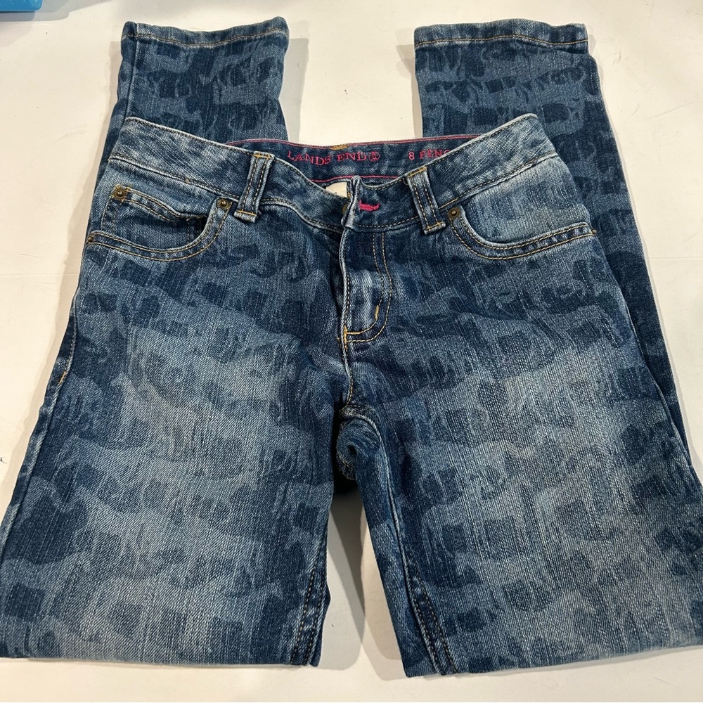 Lands End Dark Blue Denim Horse Print Skinny Jeans Girls Size 8 - Picture 2 of 12